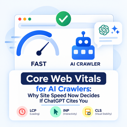 Core Web Vitals dashboard next to an AI crawler robot with a citation checkmark, representing site speed and ChatGPT visibility